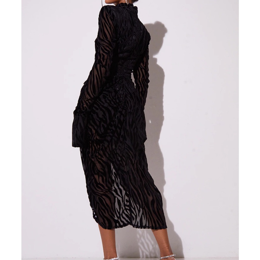 NWT PLT Black Zebra Print Devore High Neck Draped Midi velvet dress - Picture 5 of 6